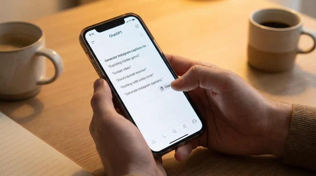 AI generating Instagram captions using ChatGPT on mobile phone