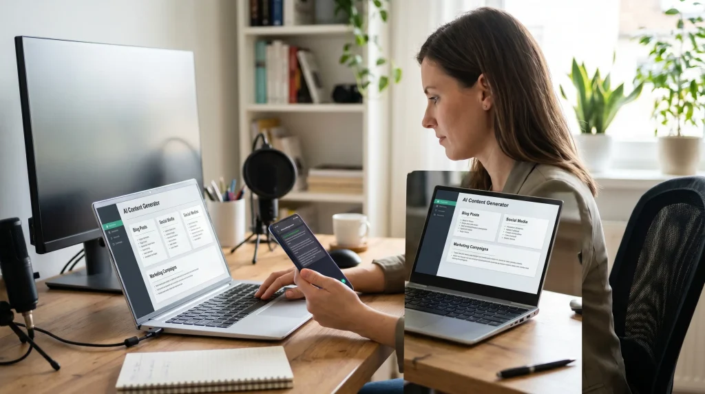 AI content creation apps generating articles, marketing content, and social media posts
