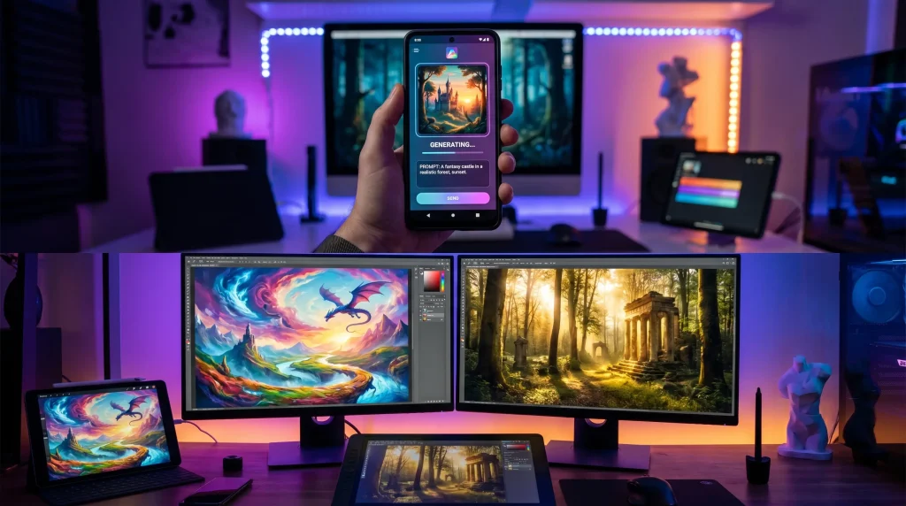 AI image generator app creating digital artwork from text prompts