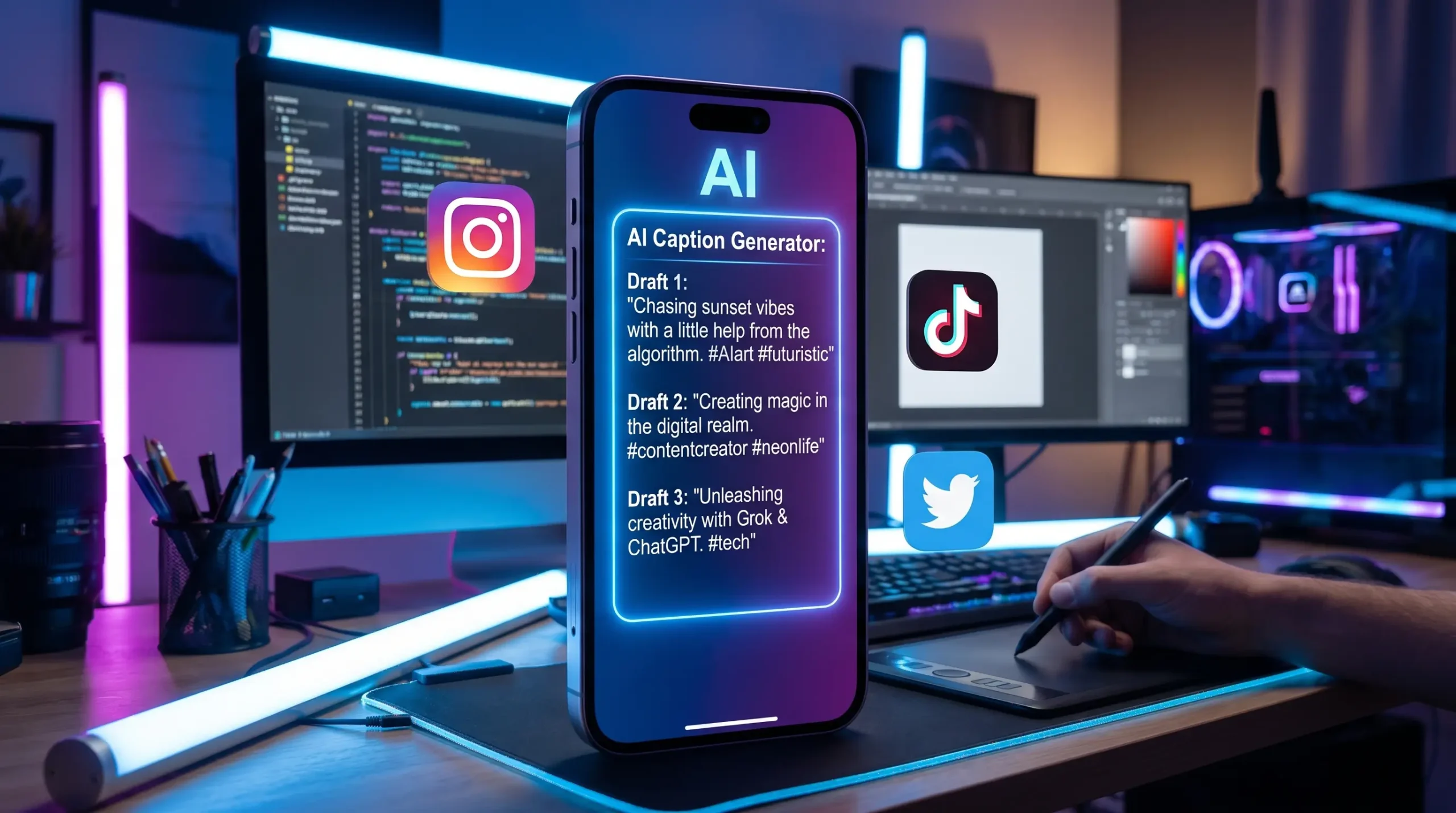 AI tools generating Instagram captions on smartphone screen for social media content creation