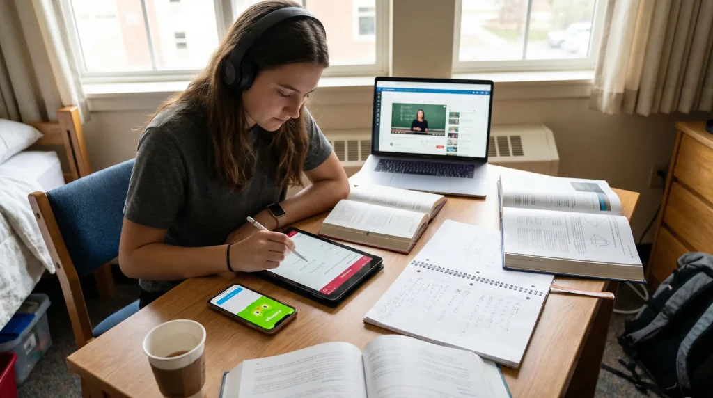 Students using AI learning apps for education and language learning