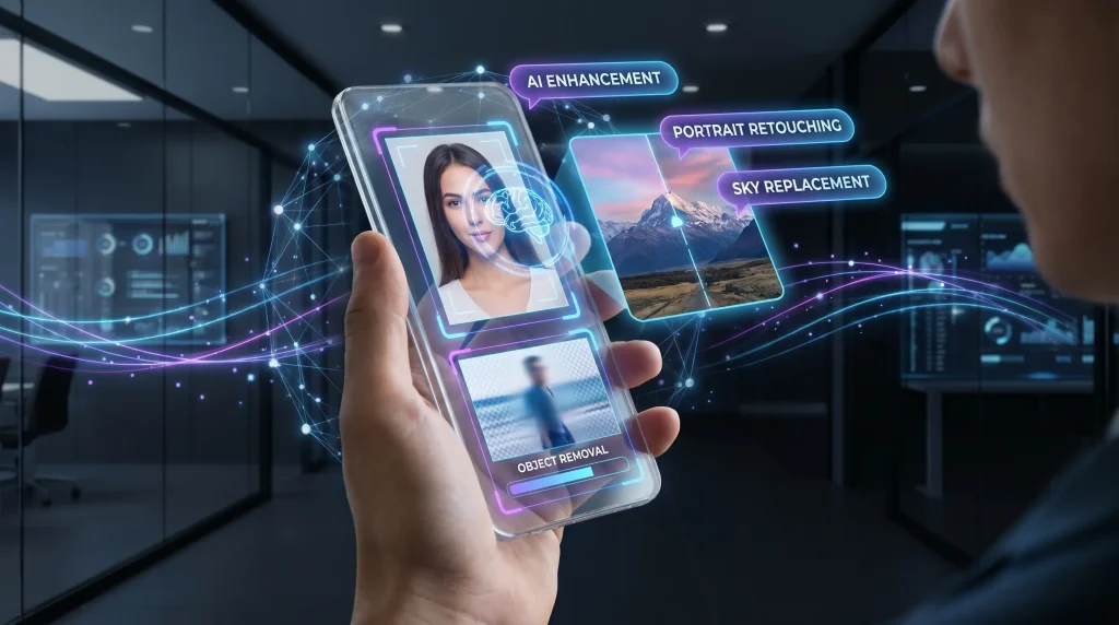 Artificial intelligence enhancing smartphone photos automatically.