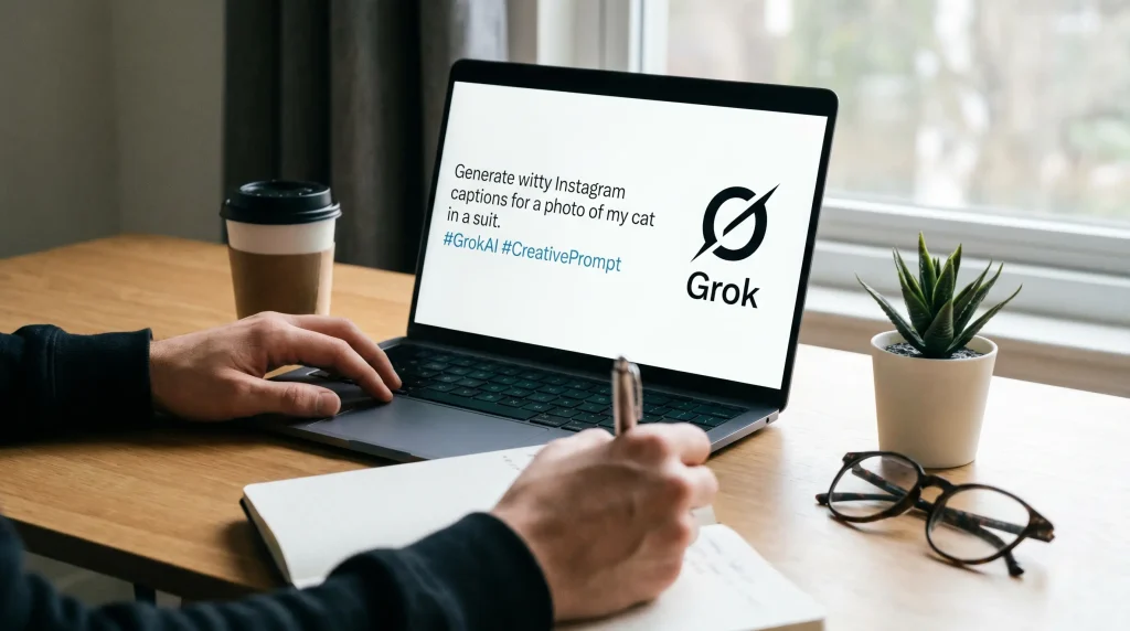 Writing AI prompts for Instagram captions using Grok AI interface
