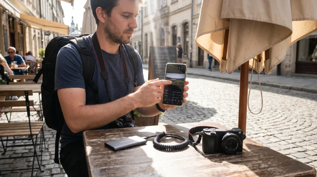 Mobile photographer editing images on Android smartphone.