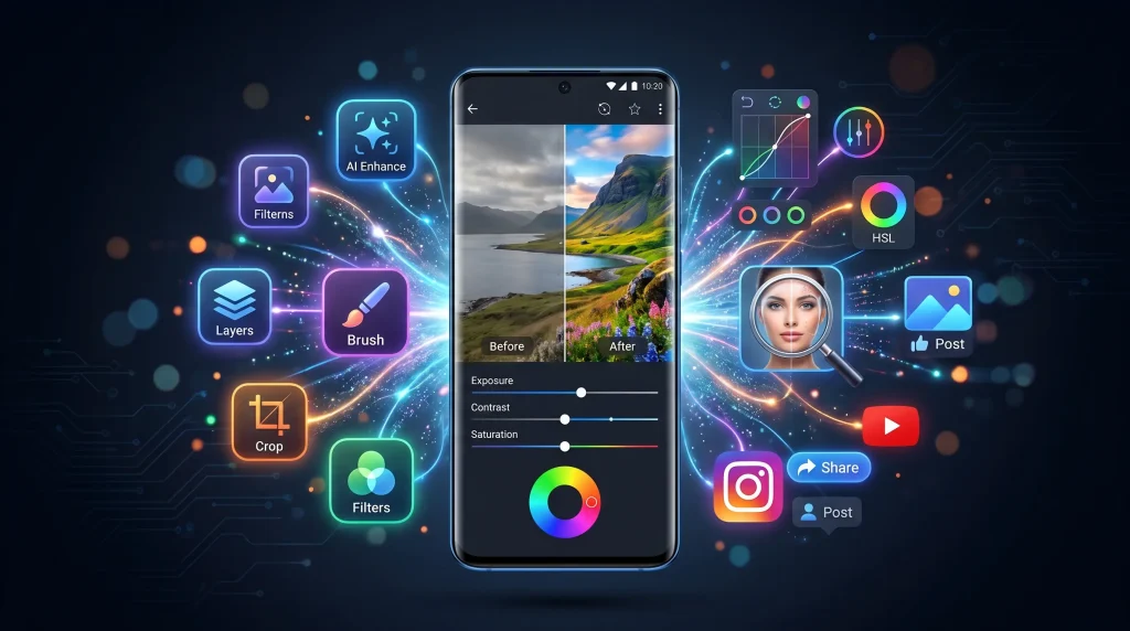Best Photo Editing Apps for Android comparison featuring Lightroom, Snapseed, PicsArt, Canva, and VSCO on a modern smartphone.