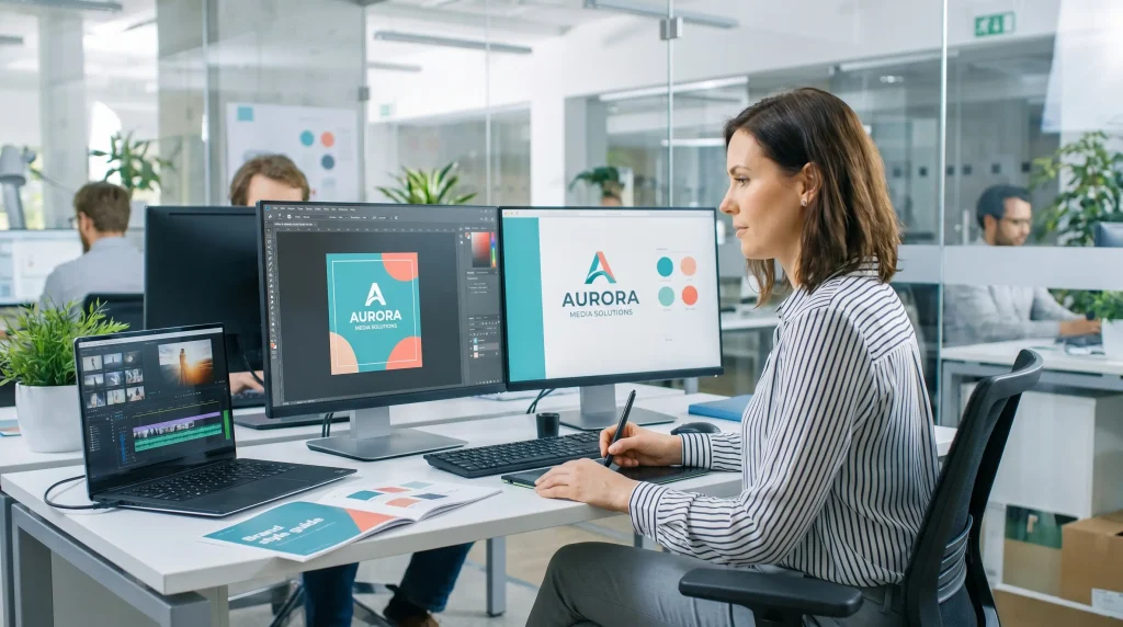 Business owner creating branded social media videos using design templates.