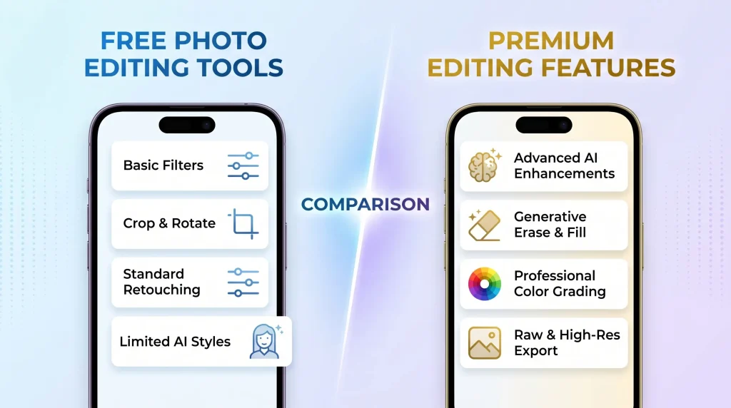 Comparison between free and premium Android photo editing applications.