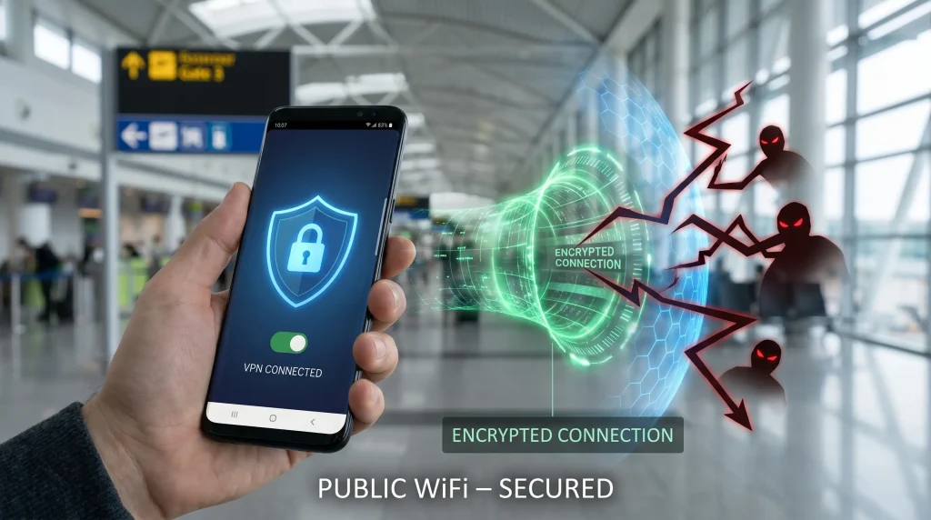 VPN securing Android users on public WiFi networks against hackers and cyber threats.