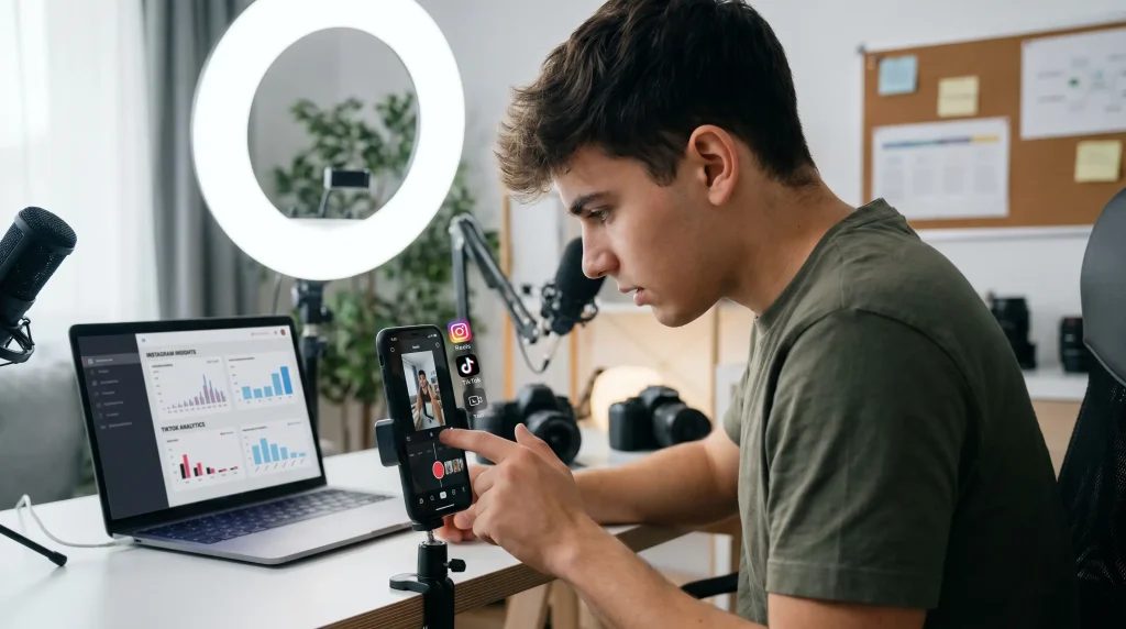 Content creator editing short-form videos for TikTok and Instagram Reels on a smartphone.