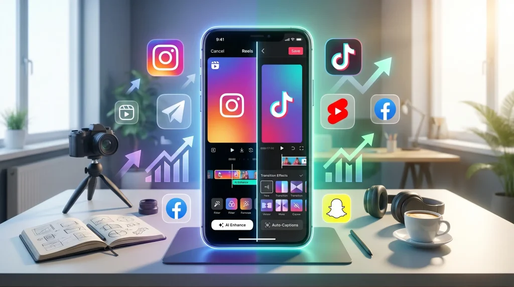 Top video editing apps for TikTok and Instagram Reels displayed on smartphone screens with modern social media content creation tools.