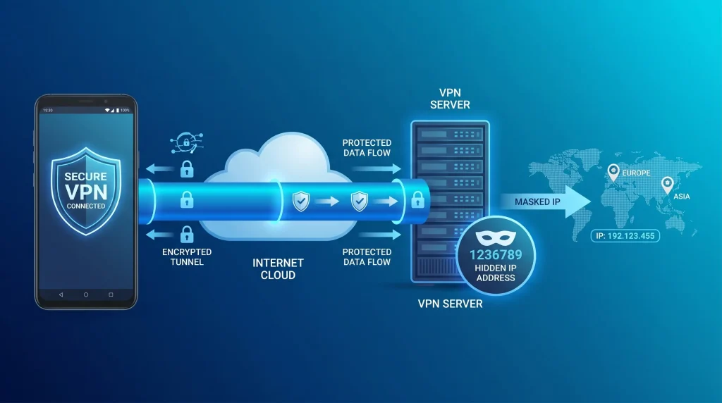 Illustration explaining how a VPN works on Android devices through encrypted internet connections.