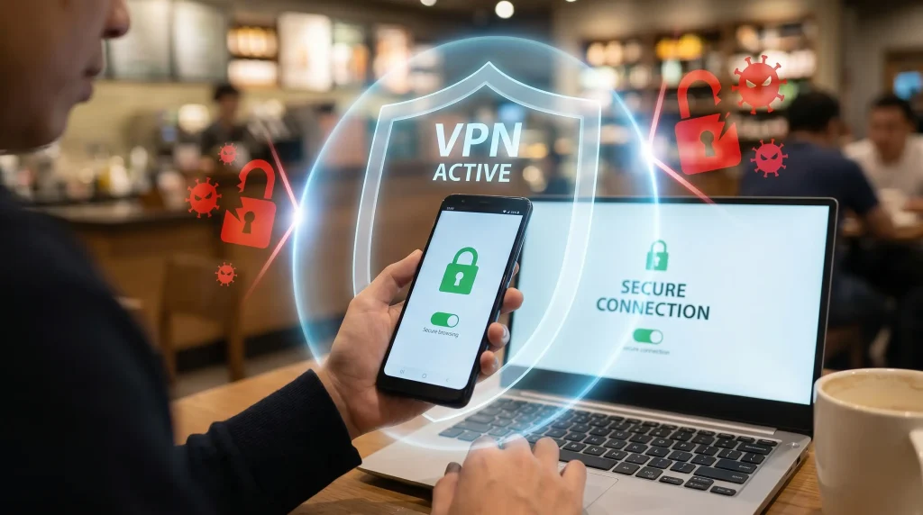 Android user protected by VPN while browsing on public WiFi and accessing secure online services.