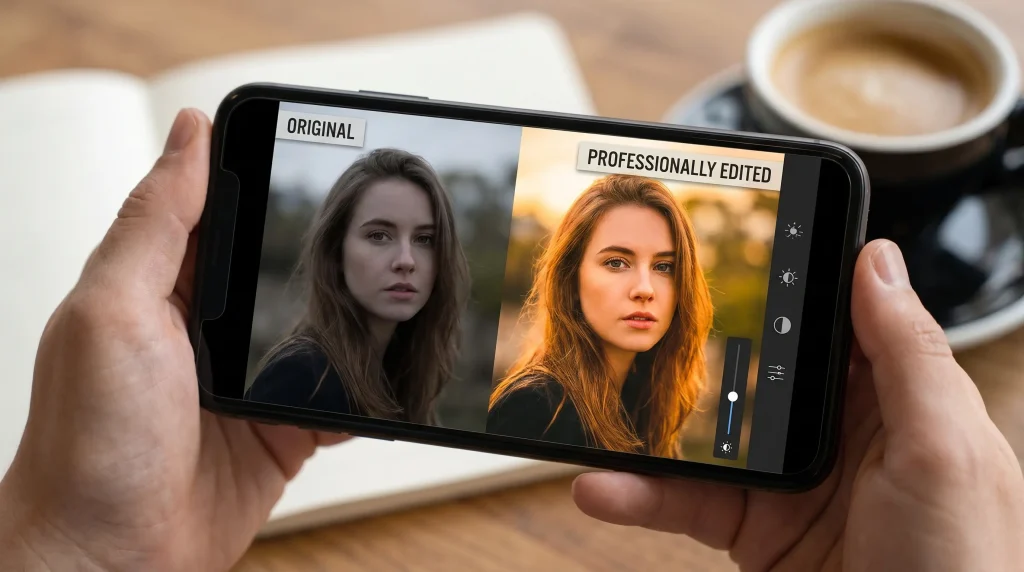 Android smartphone displaying before and after photo editing results.